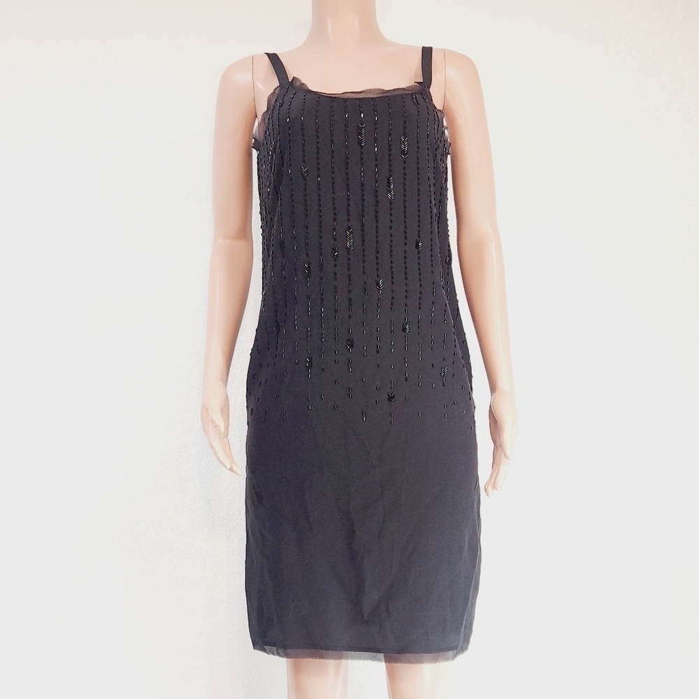 Eileen Fisher Beaded Black Silk Crepe De Chine Knee Length Dress Sz 8